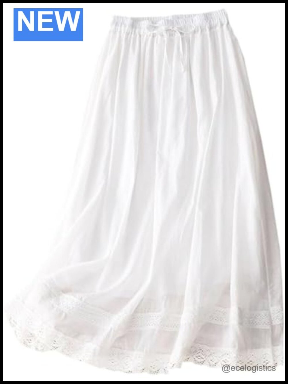 Cotton Linen Midi Skirt Flowy A-Line Lace Trim Boho